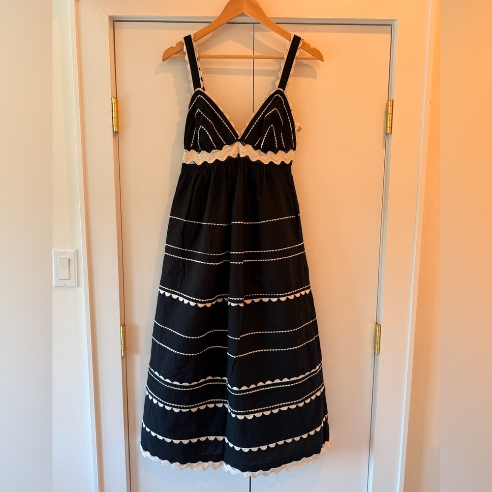 SEA NY Black Ryleigh Ric Rac Sleeveless Dress V-Neck Midi Cotton size 0